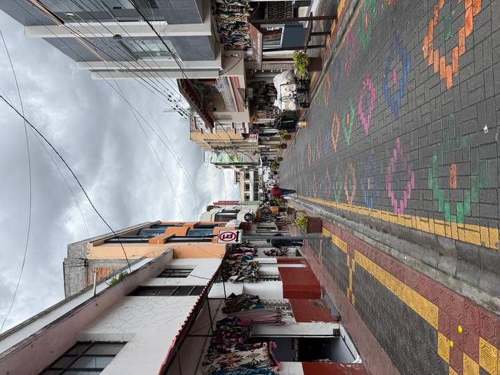 Narrow pedestrian street lined with colorful colonial buildings and patterned paving under a cloudy sky.