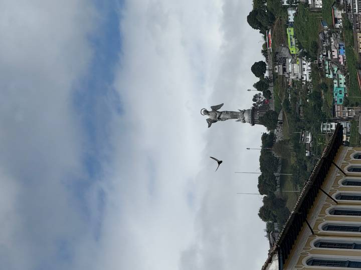Distant statue of the Virgin of El Panecillo perched on a hilltop below a patch of blue sky with a bird flying by.