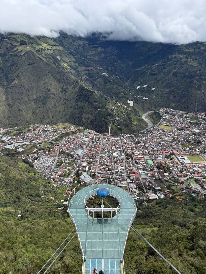 Bird’s-eye view of Baños town with surrounding green mountains and a circular sky swing platform in foreground.