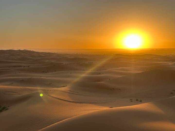 Expansive golden sand dunes at sunrise with a distant camel caravan silhouetted on the horizon