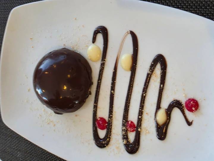 Plated gourmet chocolate dessert drizzled with artistic swirls of dark and white sauces and berry accents.