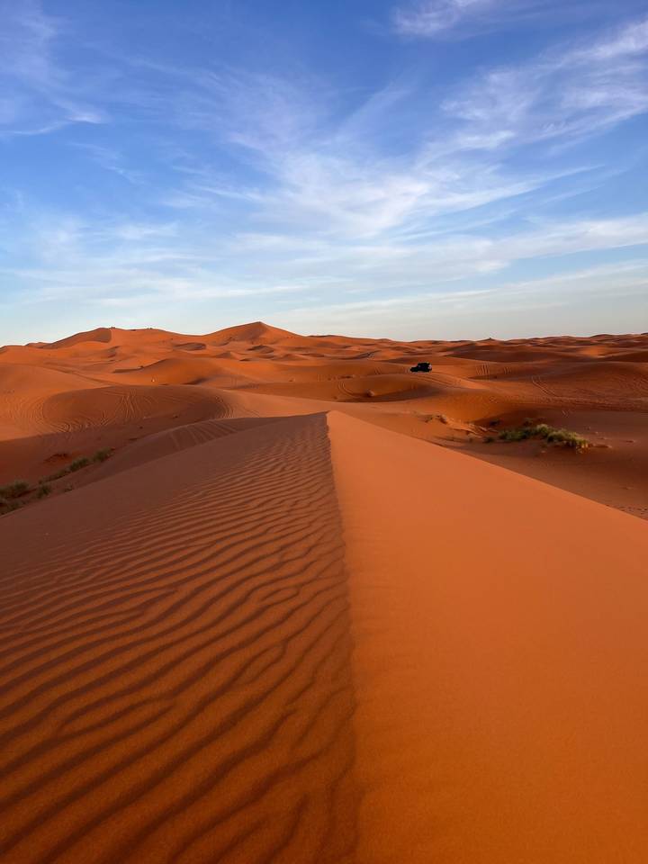 Endless orange sand dunes with rippled textures stretch into the horizon where a lone 4x4 appears.