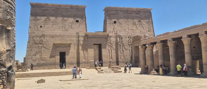 Ancient relief-covered pylons and columned courtyard of Philae Temple