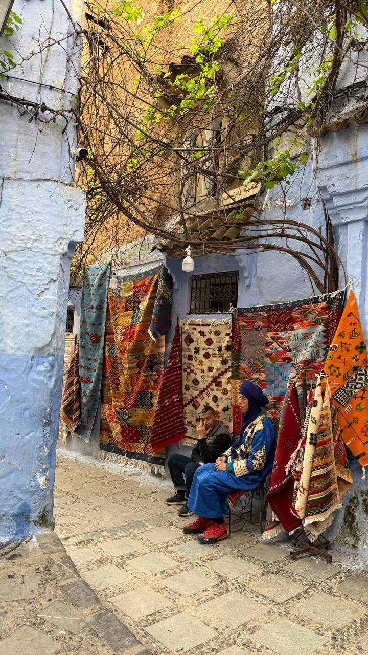 Colorful hand-woven carpets hanging along a blue alleyway with two vendors in traditional dress.