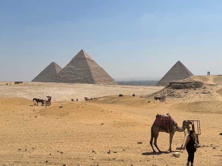 Wide view of the three main pyramids of Giza rising from golden desert sand with camels and carts in the foreground