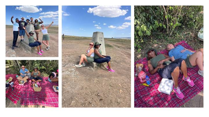 Picnic scenes on red Maasai blankets with travellers relaxing and posing beside a stone border marker.
