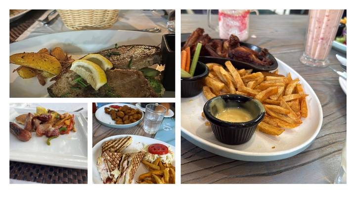 Collage of plated meals including steak, fries, chicken and milkshake on restaurant tables.