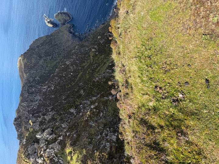 Steep coastal ridge dropping to the ocean with rugged terrain in foreground