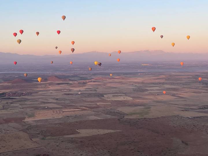 Dozens of colorful hot-air balloons drift above patchwork farm fields with hazy mountains on the horizon in soft dawn light.