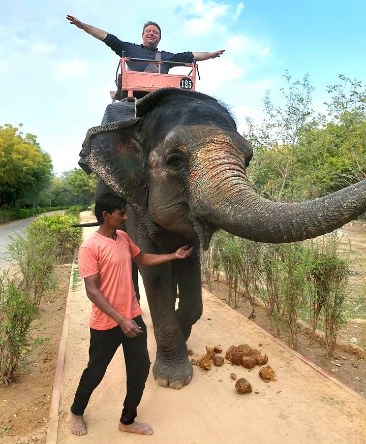 Caretaker feeding an elephant along a rural path lined with greenery