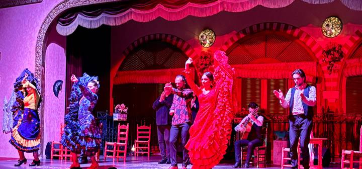 Lively flamenco performance with dancers in red ruffles and musicians on a theater stage.