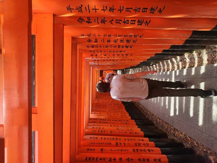Visitor walking through the vibrant vermilion torii tunnel of Fushimi Inari Shrine