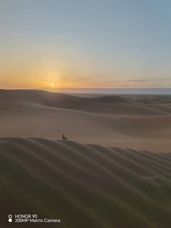 Golden sunrise casting light over rolling sand dunes in the Sahara.