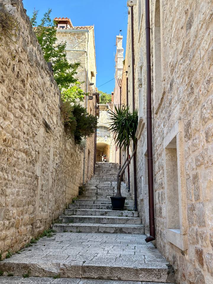 Narrow stone alleyway with steep steps, greenery and sunshine at the top in Korčula.