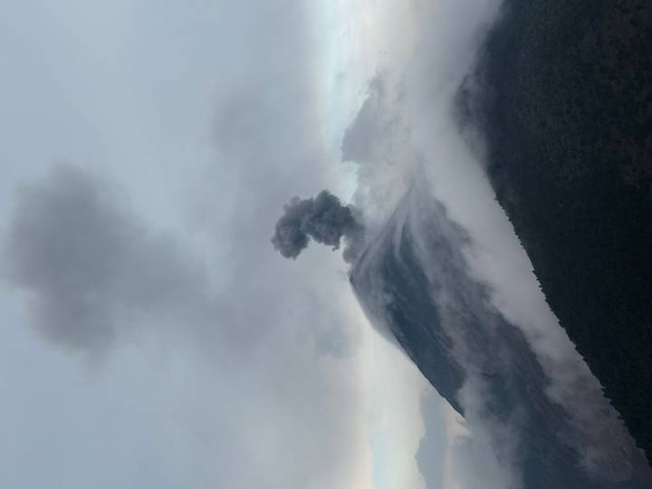 Volcano summit releasing thick plume of dark ash into cloudy sky with misty forested slopes below.