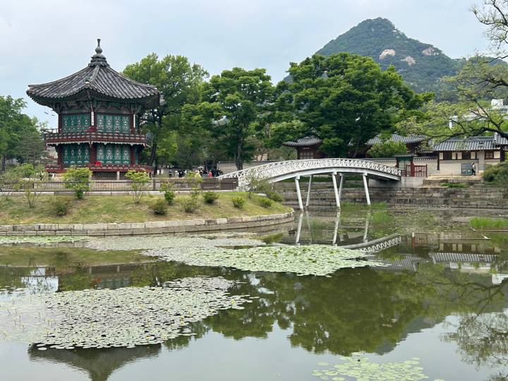 Traditional pavilion and arched bridge reflected in lotus pond at Gyeongbokgung Palace