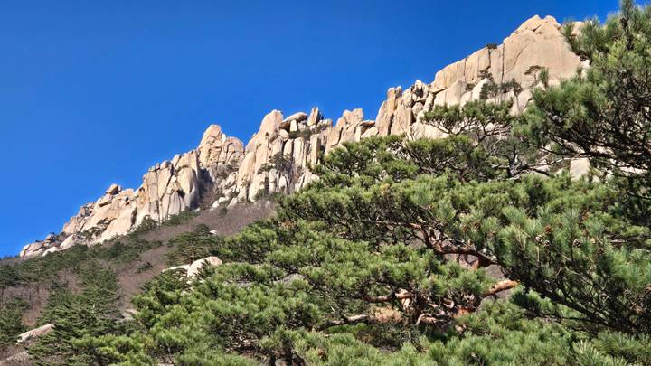 Jagged granite peaks of Seoraksan National Park rise above pine forests under a brilliant blue sky.