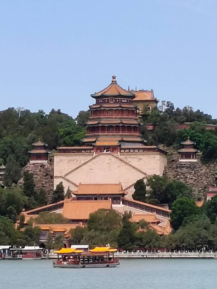 Distant view of Summer Palace pagoda with painterly filter effect