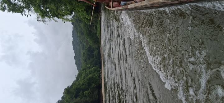 View from a wooden canoe speeding along a wide jungle river under overcast skies.