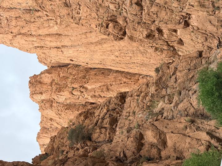 Towering orange limestone walls of Todra Gorge soar above scattered shrubs and boulders