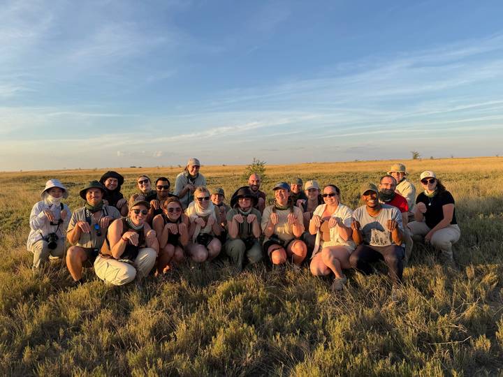 Tour group kneels imitating meerkats on grassy savanna under late afternoon sun