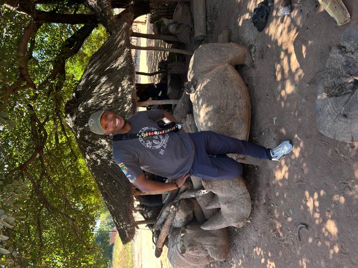 Traveller leans on a carved wooden rhino under a thatched shelter in a rural setting