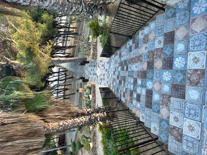 Long, patterned staircase decorated with colourful ceramic tiles leading through a shaded garden.