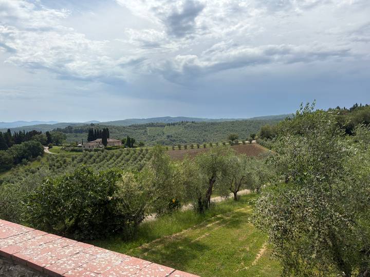 Wide view over rolling Tuscan hills with olive groves, a farmhouse, cypress trees and dramatic clouds.