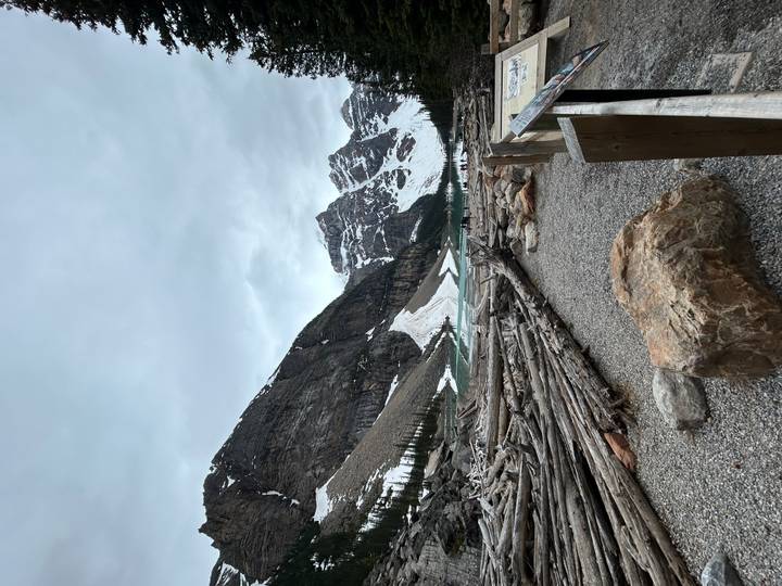 Shoreline of Moraine Lake with driftwood logs, turquoise water and dramatic snow-clad peaks under a gray sky.