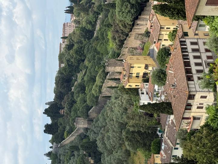 Hillside view of medieval city walls and Tuscan houses amid lush greenery.