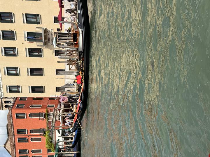 Gondolier maneuvers a gondola along Venice's Grand Canal beside colorful facades.