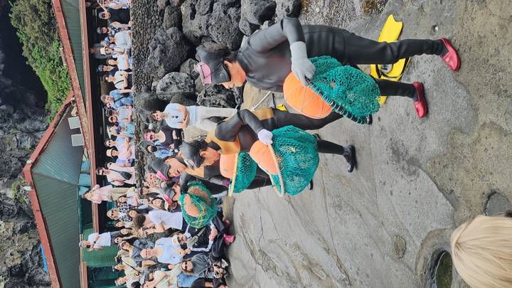Traditional Jeju haenyeo divers present their catch to a large crowd on volcanic rocks by the sea.