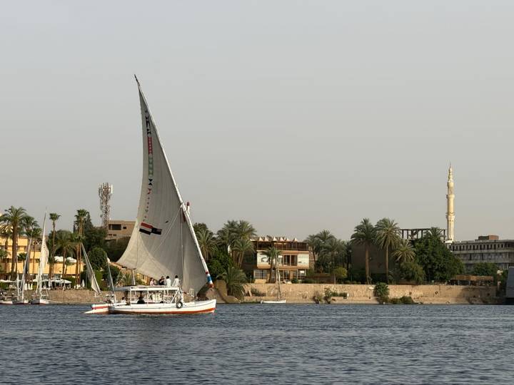 Traditional felucca sailboat with Egyptian flag gliding on the Nile against a backdrop of palm trees and minaret