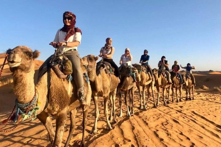 Travellers ride a line of camels across rippled dunes under clear blue skies.