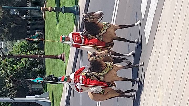 Two uniformed mounted guards on horses carrying flags parading along a city street.