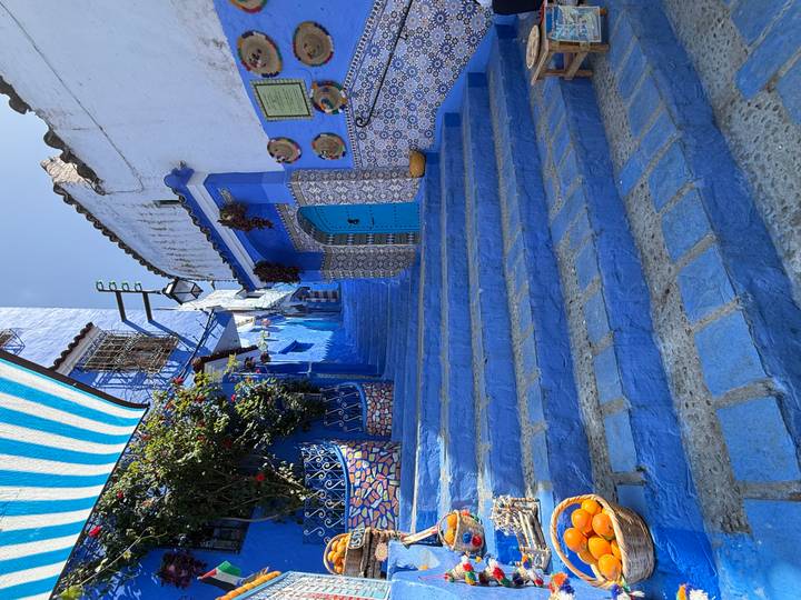 Bright blue painted stairway lined with patterned tiles and potted plants in Chefchaouen.