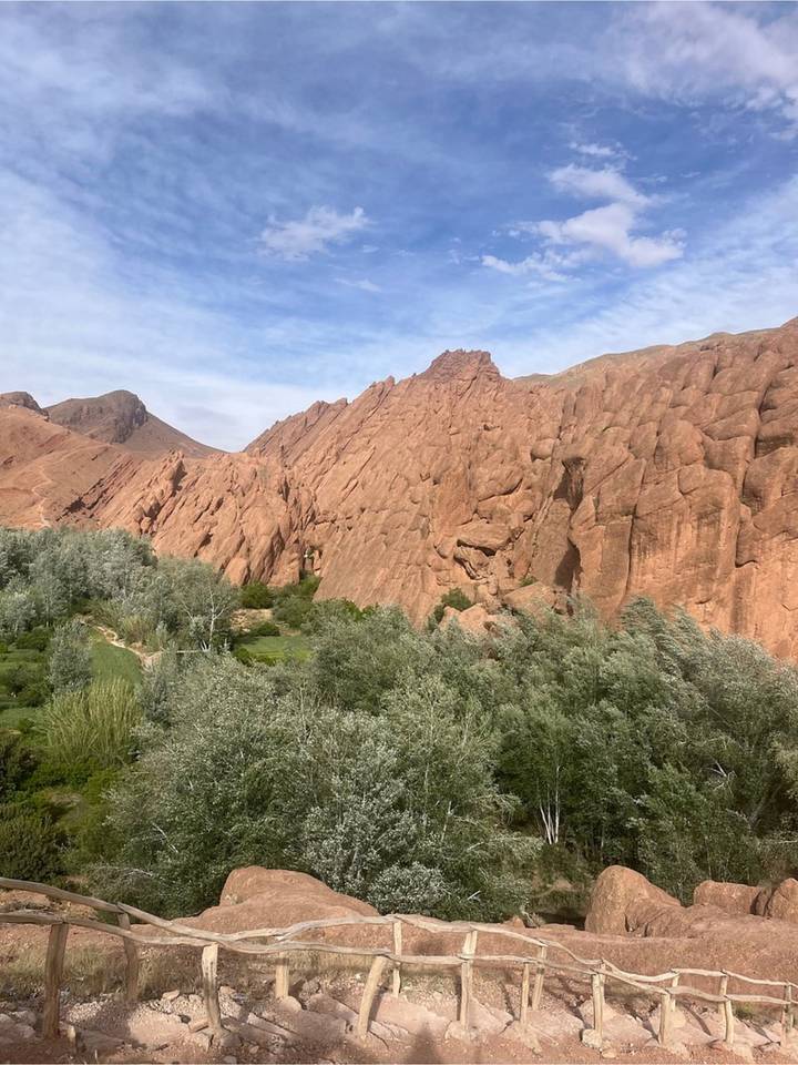 Unique serrated rock formations rise above green trees in the Dades Valley.