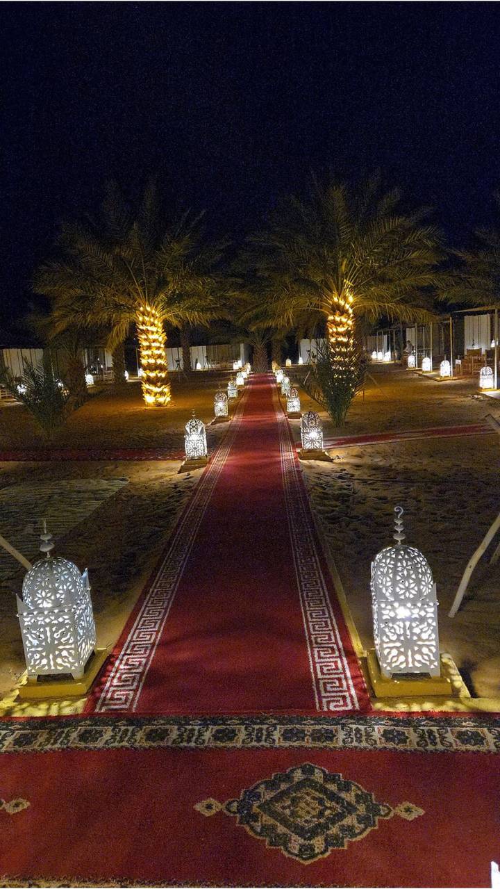 Nighttime desert camp walkway lined with glowing lanterns and palm trees