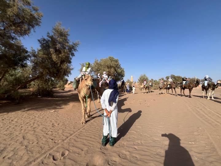 A guide in traditional attire stands before a line of camel riders ready to depart.
