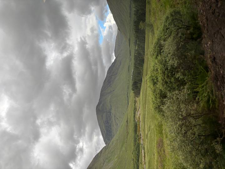 Moody highland glen with green meadows, forest and a brooding mountain under grey clouds.