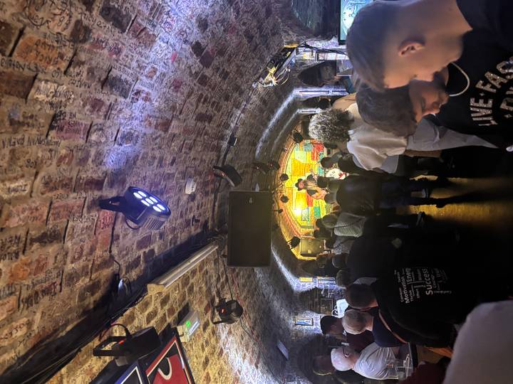 Crowded underground music venue with brick vaulted ceiling and live performance lighting.