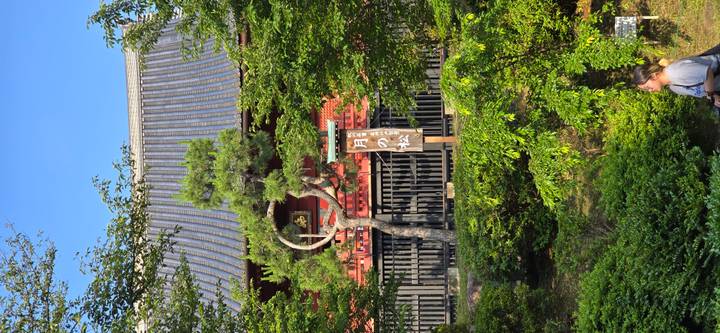 Traditional red temple building partially obscured by lush foliage under bright afternoon light