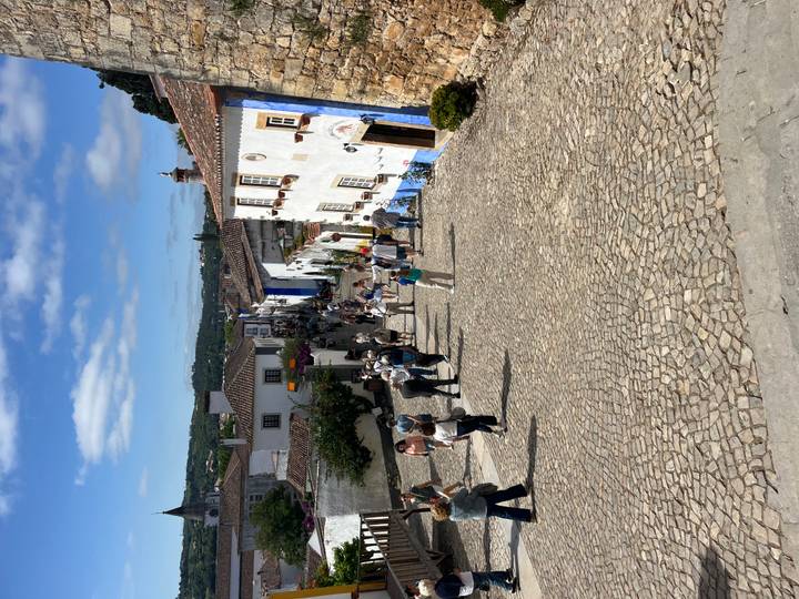 Crowded medieval village street sloping downhill past white and blue houses