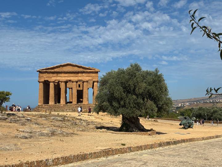 Ancient Doric Temple of Concordia in Agrigento’s Valley of the Temples with visitors and an old olive tree