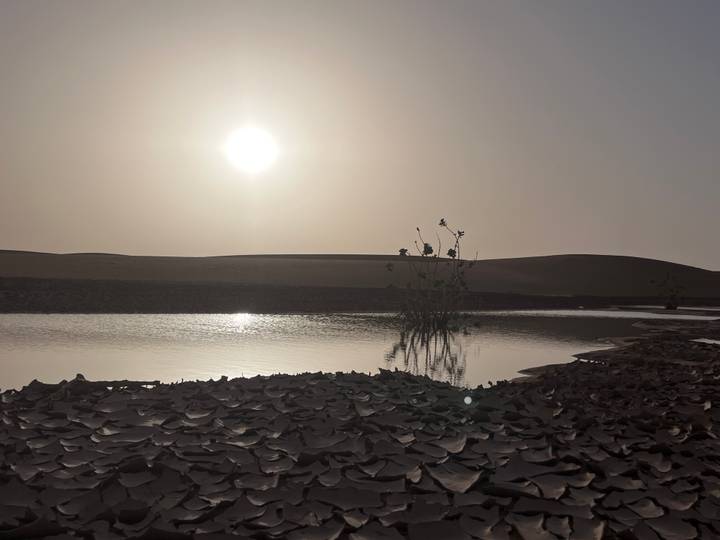 Low sun over quiet desert dunes reflecting in a shallow pool with cracked mud in the foreground.
