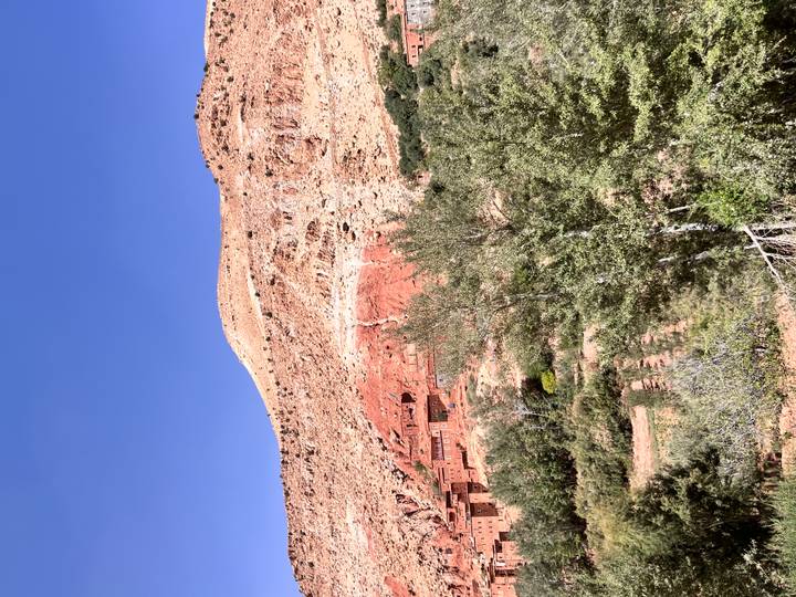 Sunlit red hillside dotted with vegetation beneath a vivid blue sky.
