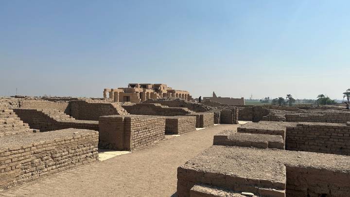 Ancient mud-brick ruins and walls stretch across a sandy archaeological site under a pale sky.