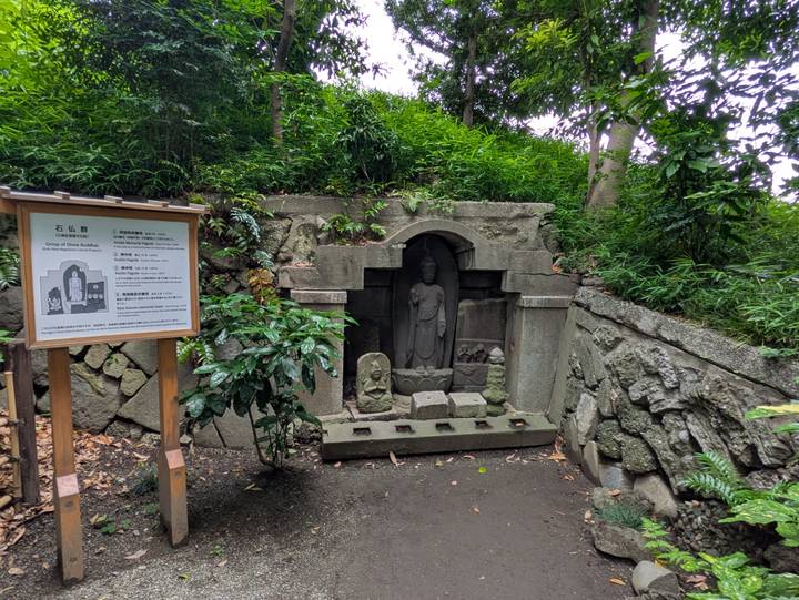 Stone Buddhist reliefs are set into a shaded hillside niche surrounded by dense foliage.