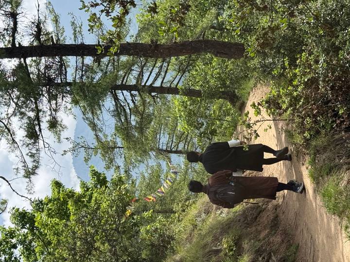 Two men in traditional dress walking along a forest trail lined with prayer flags and mountain views