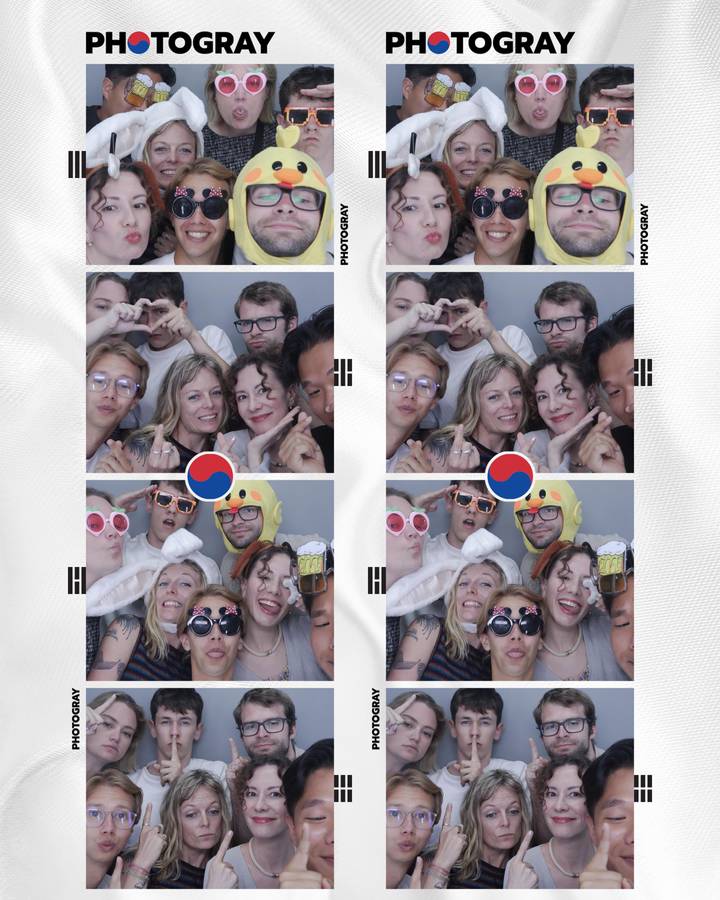 A fun photo-booth collage shows friends making faces and wearing playful props and stickers.